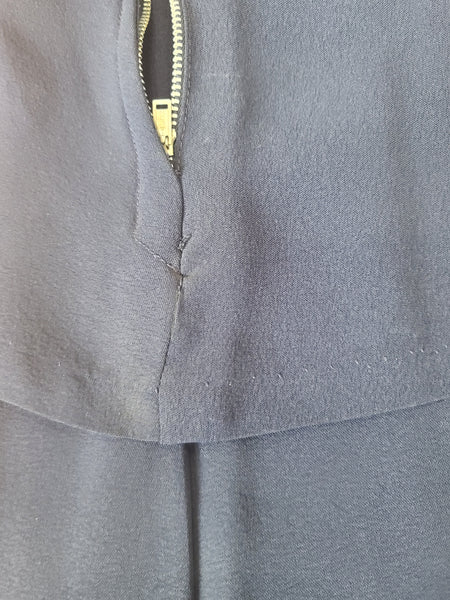 Dark Blue Rayon Dress with Peplum and Embroidery <br> (B-42" W-36" H-44)