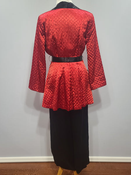 Satin Red and Black Jacket and Pants Loungewear Set <br> (B-40" W-26" H-37")