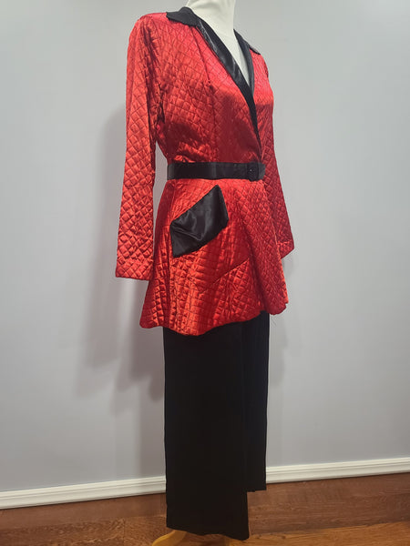 Satin Red and Black Jacket and Pants Loungewear Set <br> (B-40" W-26" H-37")