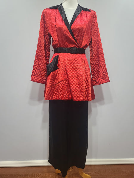 Satin Red and Black Jacket and Pants Loungewear Set <br> (B-40" W-26" H-37")
