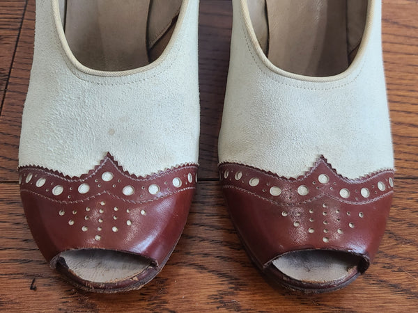 Brown and White Spectator Peep Toe Pumps 6 1/2 AA