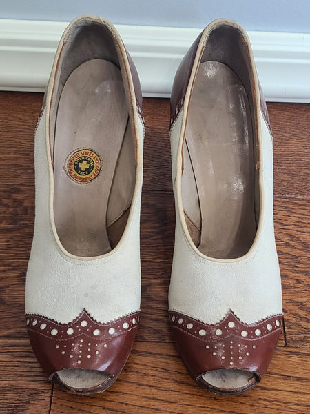 Brown and White Spectator Peep Toe Pumps 6 1/2 AA