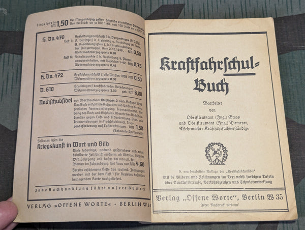 Wehrmacht Driving School Book Kraftfahrschulbuch