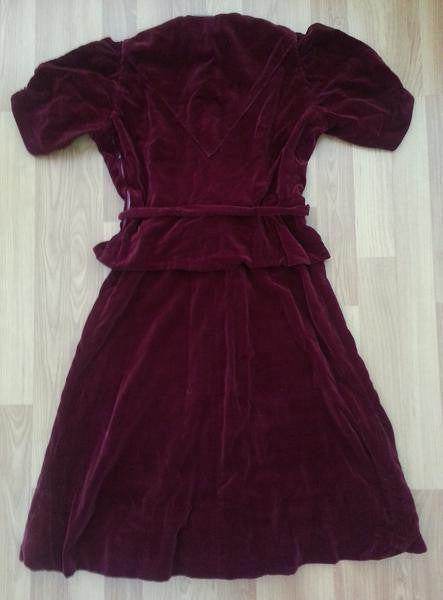 German Red Velvet Peplum Dress <br> (B-36" W-26"-28" H- 34 1/2")