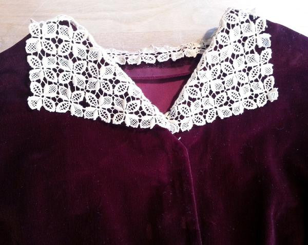 German Dark Red Velvet Dress with Lace Collar <br> (B-44" W-36" H-47")