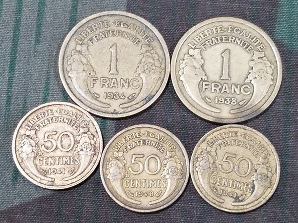Early War French Francs Coins (Set of 5) 1934/1938/1940/1941
