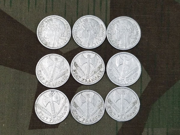 Mid War French Francs Coins (Set of 9) 1941/1943/1943