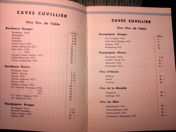 1933 French Wine Menu Caves Cuvillier Champs-Elysees Paris