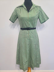 German Green Print Zipper Front Dress <br> (B-38" W-32" H-40.5")