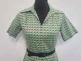 German Green Print Zipper Front Dress <br> (B-38" W-32" H-40.5")