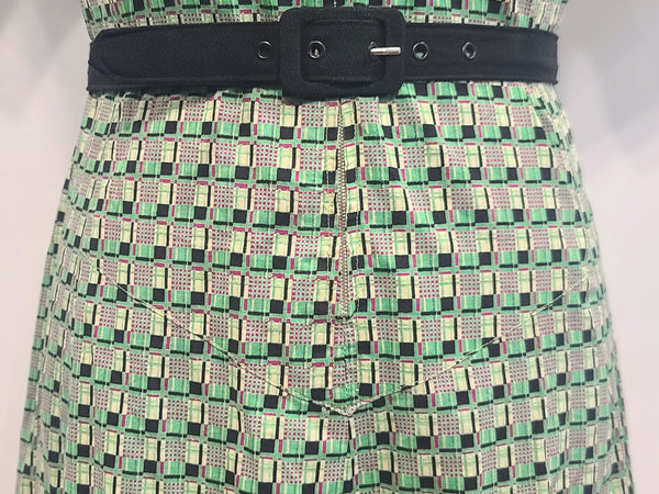 German Green Print Zipper Front Dress <br> (B-38" W-32" H-40.5")