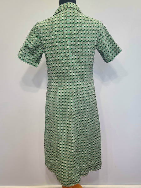 German Green Print Zipper Front Dress <br> (B-38" W-32" H-40.5")