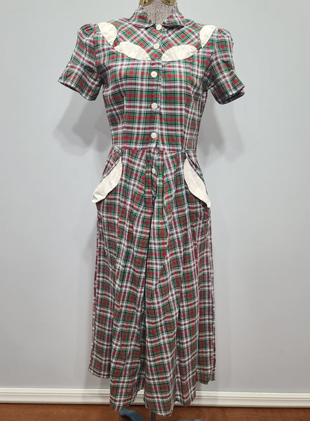 Green and Red Plaid Dress with White Trim <br> (B-33.5" W-26" H-36")