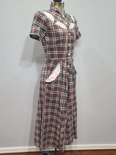 Green and Red Plaid Dress with White Trim <br> (B-33.5" W-26" H-36")