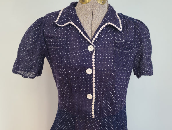 Navy Blue Polka Dot See-Through Dress <br> (B-36" W-28" H-35")