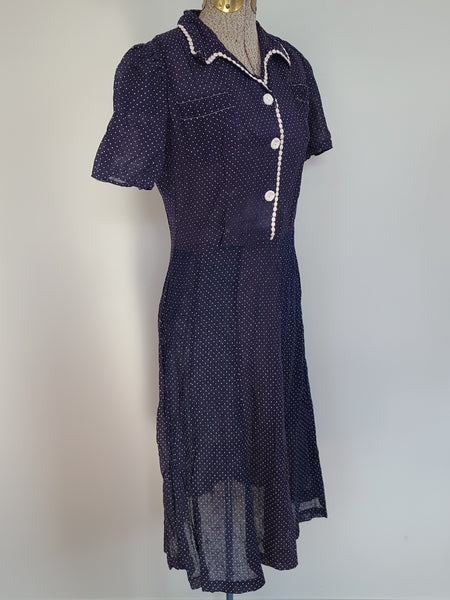 Navy Blue Polka Dot See-Through Dress <br> (B-36" W-28" H-35")