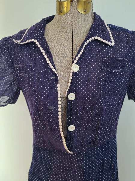 Navy Blue Polka Dot See-Through Dress <br> (B-36" W-28" H-35")