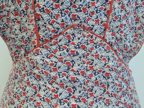 German Red and Blue Flower Print Apron