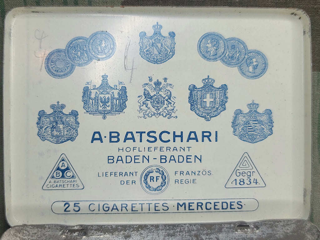 a batschari cigarettes advertising, tobacco advertising, A. cigarettes, advertising poster, design: Hans Rudy Erdt, Germany, 1913, Additional-Rights-Clearance-Info-Not-Available Stock Photo Multiple sizes available File:ABC Tufuma Batschari cigarettes tin.JPG