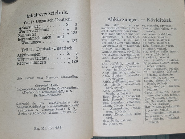 German Hungarian Dictionary 1935