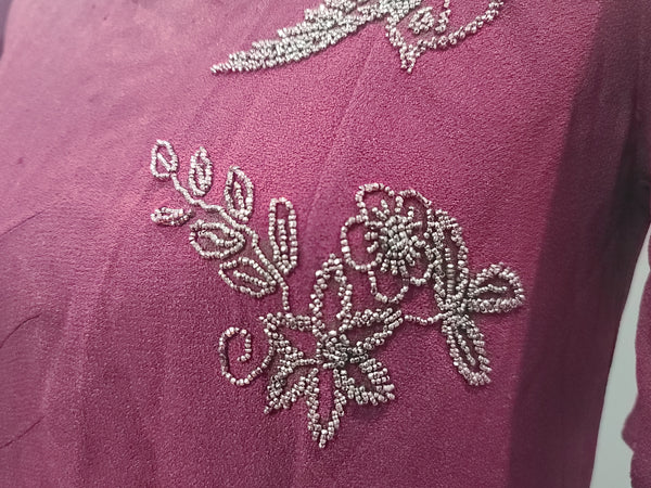 Maroon Rayon Gown with Beaded Bird Design <br> (B-37" W-30" H-38")