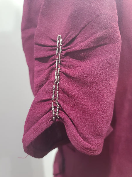 Maroon Rayon Gown with Beaded Bird Design <br> (B-37" W-30" H-38")