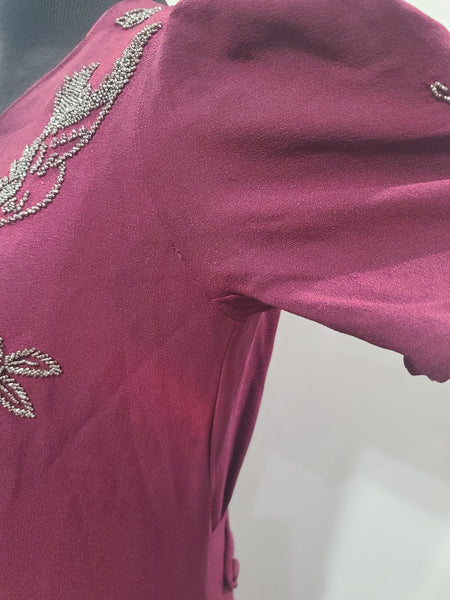 Maroon Rayon Gown with Beaded Bird Design <br> (B-37" W-30" H-38")