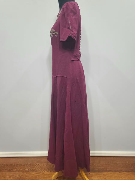 Maroon Rayon Gown with Beaded Bird Design <br> (B-37" W-30" H-38")
