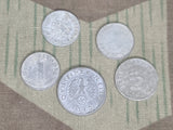 Lot of Five Wartime Reichspfennig Coins (1, 5, and 10 Rpf)