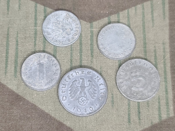 Lot of Five Wartime Reichspfennig Coins (1, 5, and 10 Rpf)