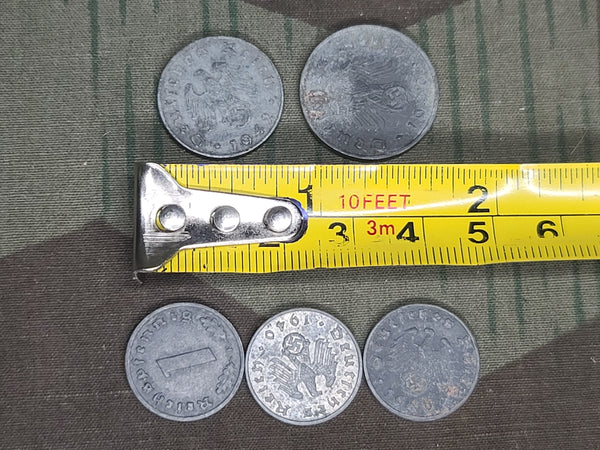 Lot of Five Wartime Reichspfennig Coins (1, 5, and 10 Rpf)