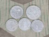 Lot of Five Wartime Reichspfennig Coins (1, 5, and 10 Rpf)