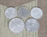 Lot of Five Wartime Reichspfennig Coins (1, 5, and 10 Rpf)
