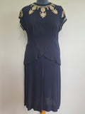 Dark Blue Rayon Dress with Peplum and Embroidery <br> (B-42" W-36" H-44)