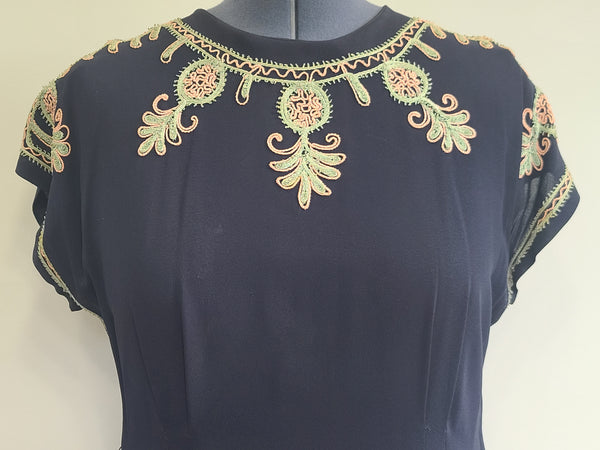 Dark Blue Rayon Dress with Peplum and Embroidery <br> (B-42" W-36" H-44)