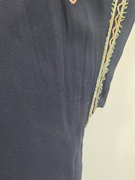 Dark Blue Rayon Dress with Peplum and Embroidery <br> (B-42" W-36" H-44)
