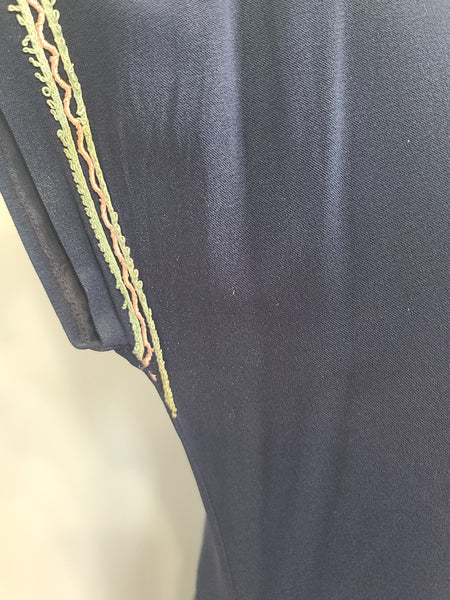 Dark Blue Rayon Dress with Peplum and Embroidery <br> (B-42" W-36" H-44)