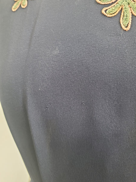 Dark Blue Rayon Dress with Peplum and Embroidery <br> (B-42" W-36" H-44)
