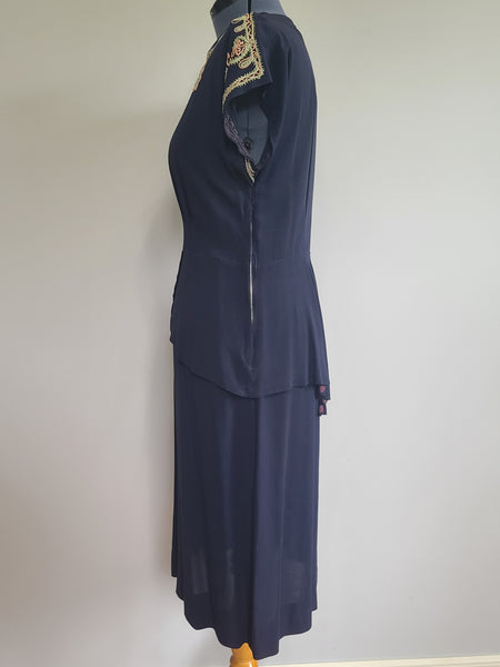 Dark Blue Rayon Dress with Peplum and Embroidery <br> (B-42" W-36" H-44)