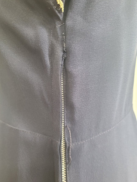 Dark Blue Rayon Dress with Peplum and Embroidery <br> (B-42" W-36" H-44)