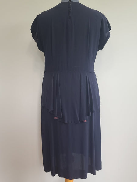 Dark Blue Rayon Dress with Peplum and Embroidery <br> (B-42" W-36" H-44)
