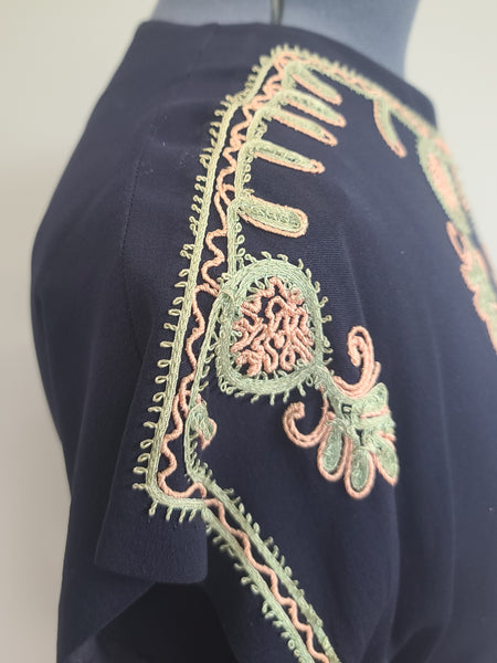 Dark Blue Rayon Dress with Peplum and Embroidery <br> (B-42" W-36" H-44)