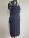 Dark Blue Rayon Dress with Peplum and Embroidery <br> (B-42" W-36" H-44)