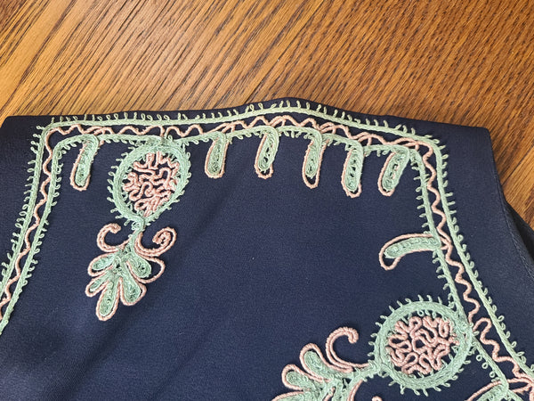 Dark Blue Rayon Dress with Peplum and Embroidery <br> (B-42" W-36" H-44)