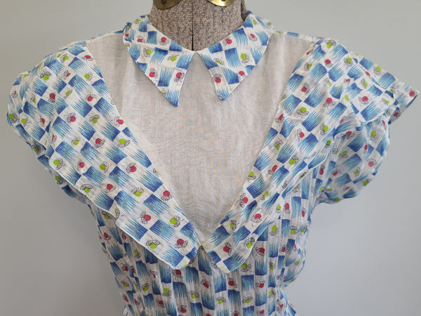 Blue and White Acorn Print Dress <br> (B-35" W-25" H-44")