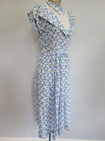 Blue and White Acorn Print Dress <br> (B-35" W-25" H-44")