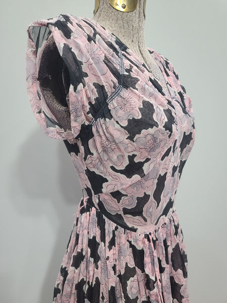 Pink and Black Flower Dress <br> (B-32" W-23" H-full)