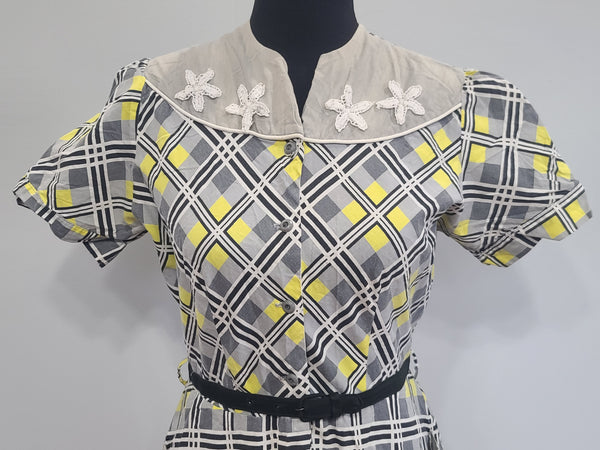 Gray and Yellow Plaid Dress <br> (B-38" W-29" H-34")