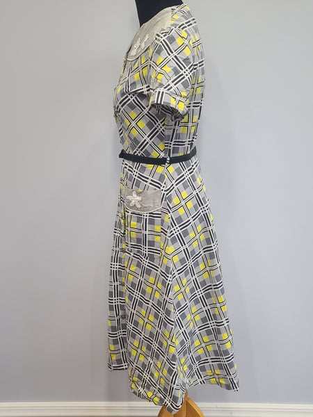 Gray and Yellow Plaid Dress <br> (B-38" W-29" H-34")