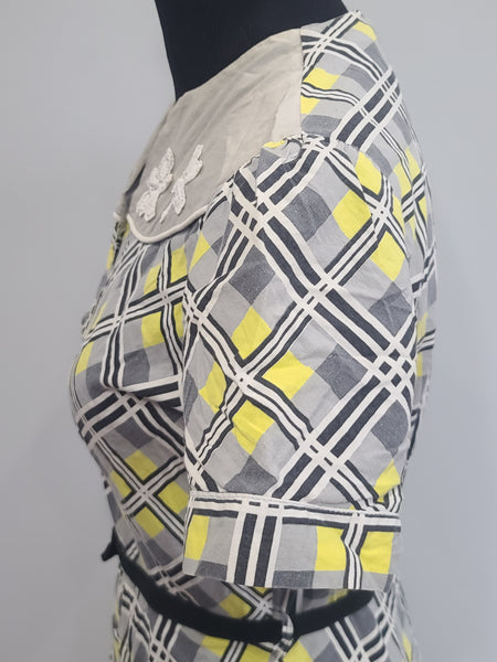 Gray and Yellow Plaid Dress <br> (B-38" W-29" H-34")